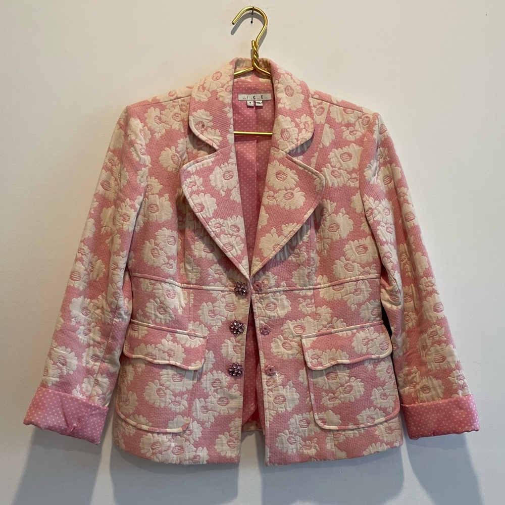 Vintage 80's I.C.E Pink and White Flower Cotton Blazer Coat Size 4